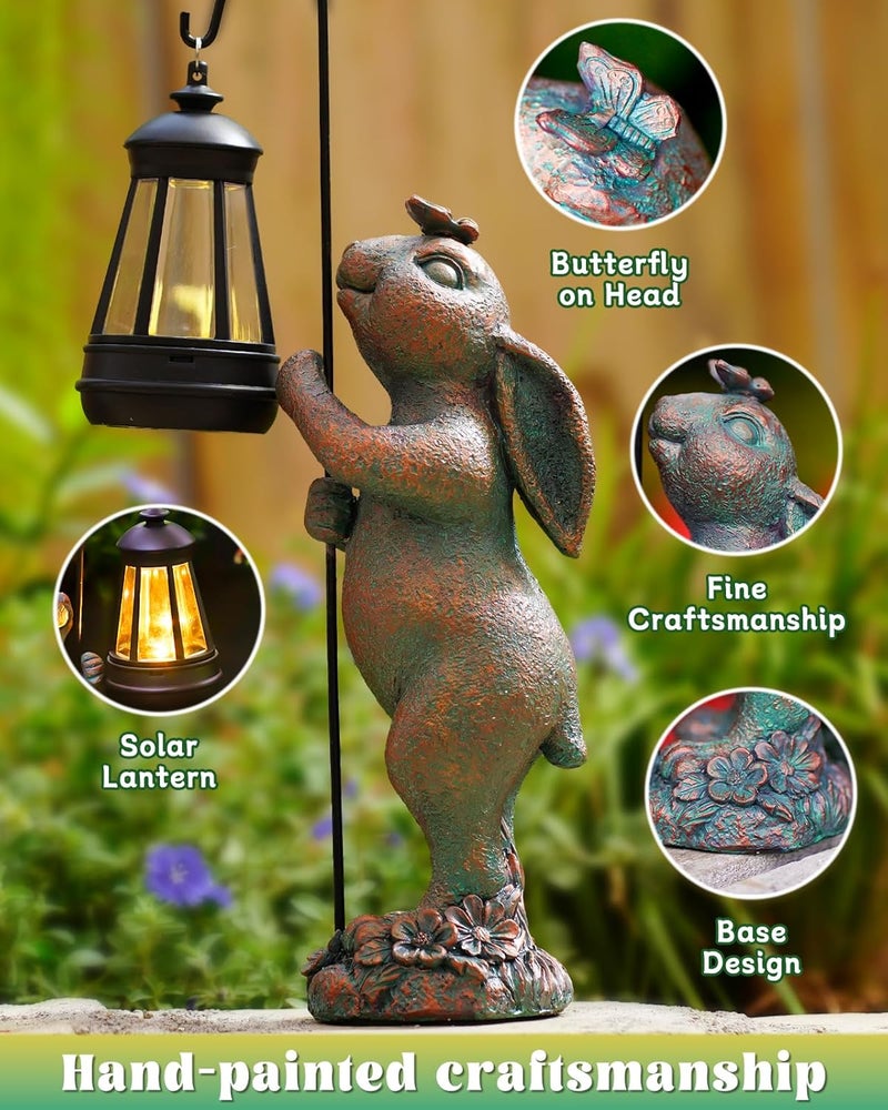 Pohabery Garden Statues Outdoor Bunny with Solar Lantern – Rabbit Yard Decor, Waterproof Resin Figurine Pathway Light for Lawn & Patio - Image 3